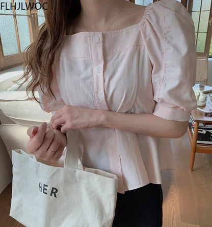Cralom Sweet Square Neck Tops Blusas, Solid Colors, Single-Breasted Button White Shirts