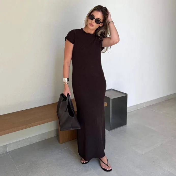 Cralom Women's Knitted A-line Dress with Short Sleeve and Round Neck