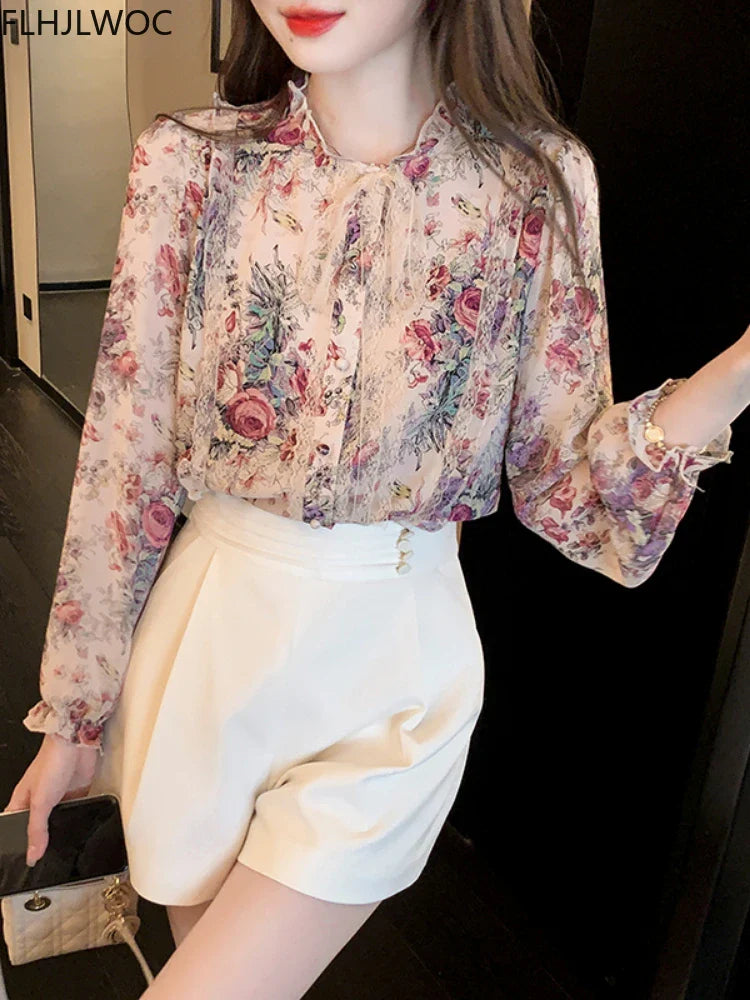 Cralom Chic Floral Button Blouse - Pink Ruffled Tops for Women