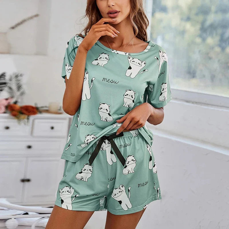 Cralom Cat Print Pajama Set - Soft Summer Sleepwear & Home Clothes