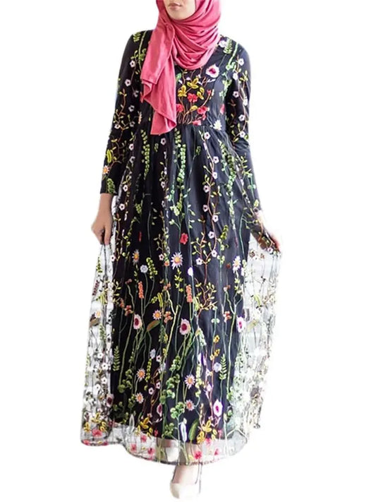 Cralom Eid Flower Embroidered Abaya Kaftan Dress - Dubai Luxury Muslim Robe