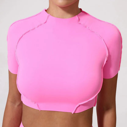 Cralom Seamless Yoga Slimming Top Short Sleeve High Elasticity Gym Fitness Shirt