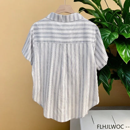 Cralom 2025 Summer Striped Button Blouse - Short Sleeve Casual Retro Top for Women