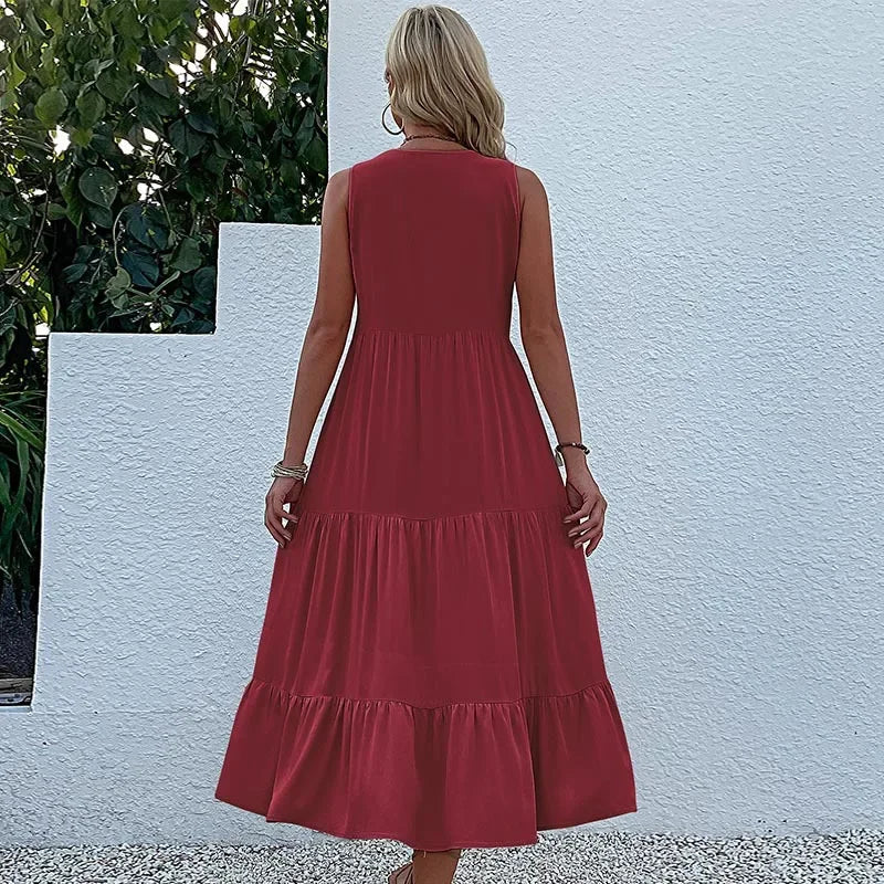 Cralom Women's Solid Color Loose A-Line Midi Dress - 2024 Summer Fashion