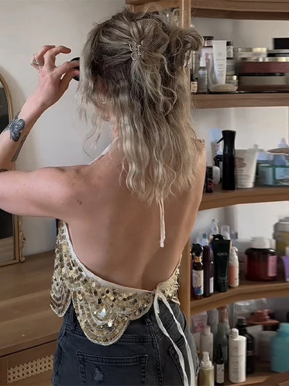 Cralom Glitter Sequin Halter Crop Top - Sexy Backless Tie-Up Tank