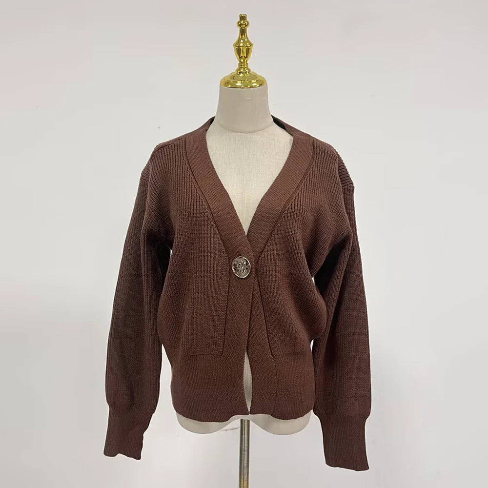 Cralom V Neck Buttoned Knit Coat Solid Slimming Jacket Females