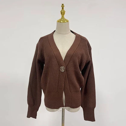 Cralom V Neck Buttoned Knit Coat Solid Slimming Jacket Females