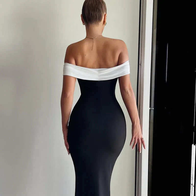 Cralom One-Shoulder Sexy Summer Dress with Contrasting Colors and Slim Fit