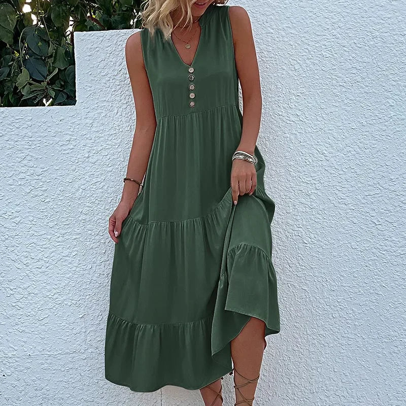 Cralom Women's Solid Color Loose A-Line Midi Dress - 2024 Summer Fashion