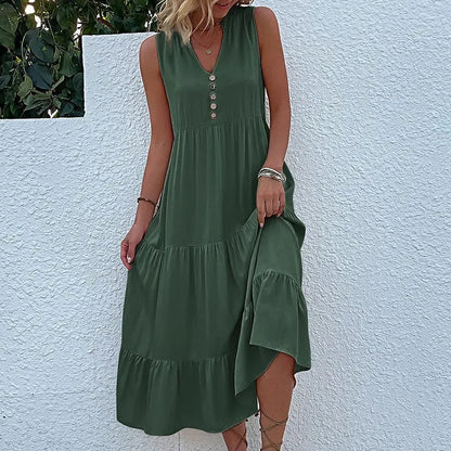 Cralom Women's Solid Color Loose A-Line Midi Dress - 2024 Summer Fashion