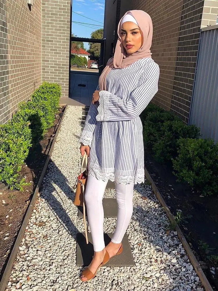 Cralom Stripe Long Tops for Women - Ramadan Abaya, Islamic Prayer Clothes
