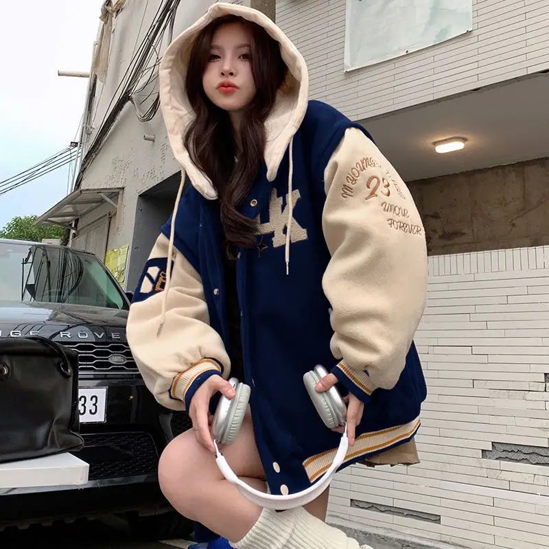 Cralom Flocking Hooded Jacket: Y2K Street Fashion Baseball Style Coat
