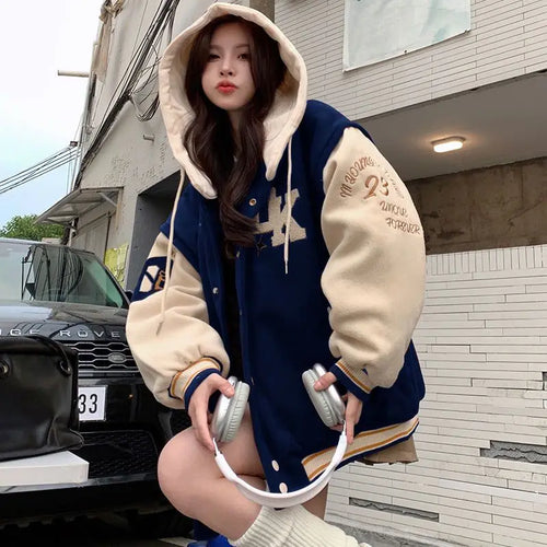 Cralom Flocking Hooded Jacket: Y2K Street Fashion Baseball Style Coat
