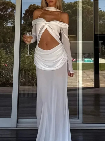 Cralom Elegant Solid Long Sleeve Maxi Dress for Summer Events