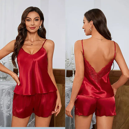 Cralom Lace Luxury Sleepwear Set: Backless Deep V Cami & Shorts