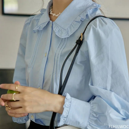 Cralom Blue Cotton Peter Pan Collar Blouse: 2023 Summer Chic Women's Shirt