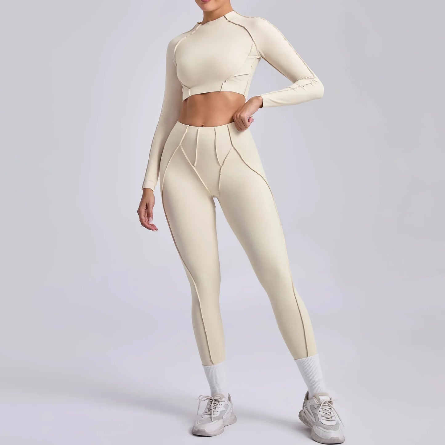 Cralom Seamless Yoga Set High Waisted Tummy Control Pleated Hip Lifting Workout Suit