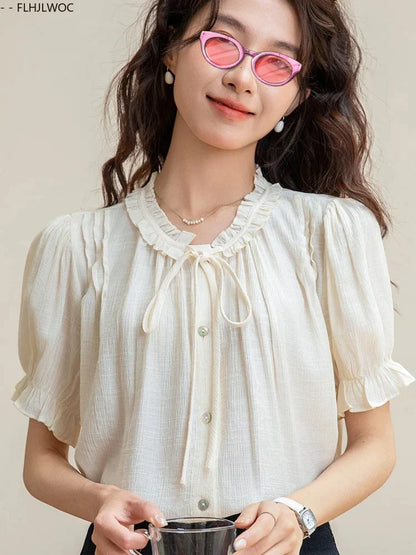 Cralom Stripe Floral Bow Tie Button Blouse Retro Vintage Preppy Style Tops