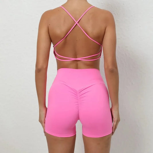 Cralom Yoga Sports Fitness Set: High Waist, Hip-lifting Shorts, Open Back Bra Gym Leggings