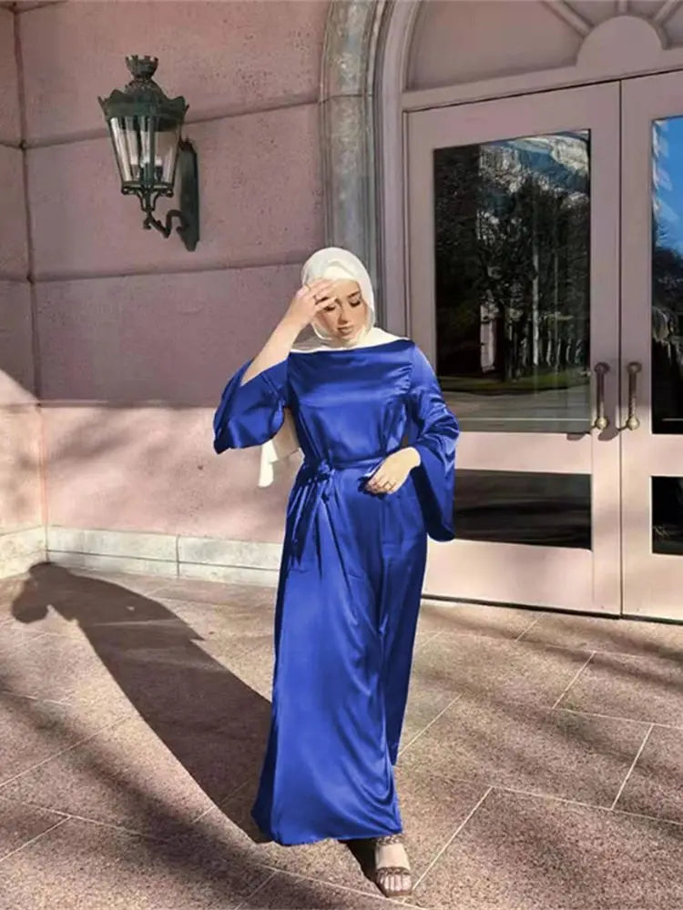 Cralom Luxury Satin Muslim Kaftan Abaya Dubai Caftan Robe Femme