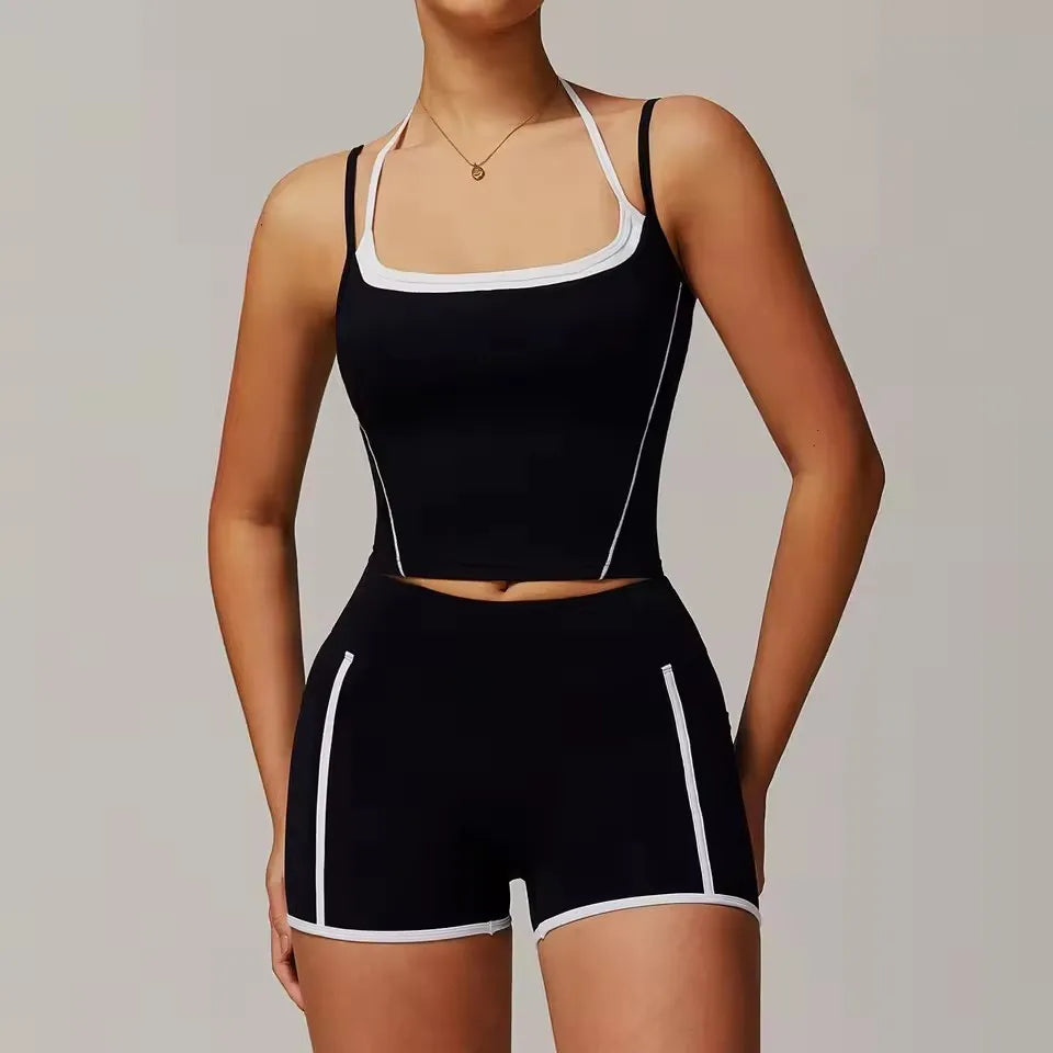 Cralom 2-Piece Gym Leggings Set: Sports Bra & Crop Top Fitness Suit