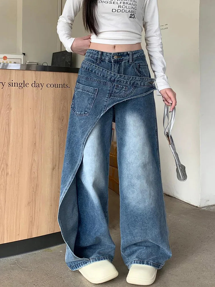 Cralom Vintage Blue Washed High Waist Straight Jeans for Women