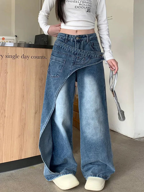 Cralom Vintage Blue Washed High Waist Straight Jeans for Women