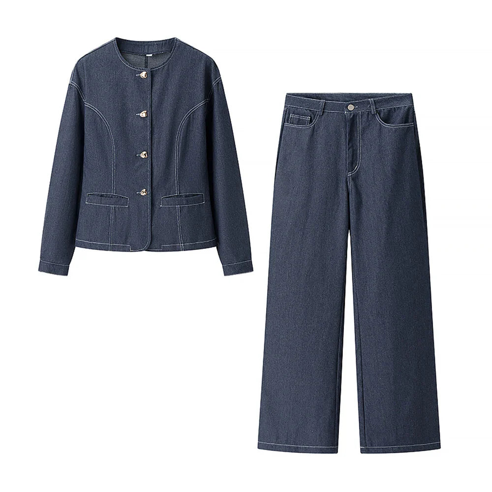 Cralom O Neck Button Coat & High Waist Pant Set for Women