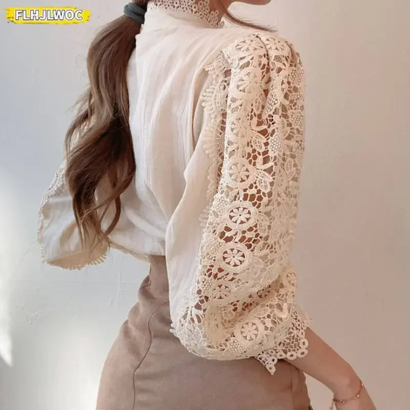 Cralom Lace Half Turtleneck Top: Elegant Office Style, Long Sleeve Blouse