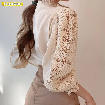 Cralom Lace Half Turtleneck Top: Elegant Office Style, Long Sleeve Blouse