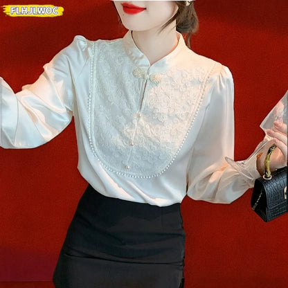 Cralom Women's Chinese Style Embroidered Long Sleeve Blouse Stand Collar Frog Buttons