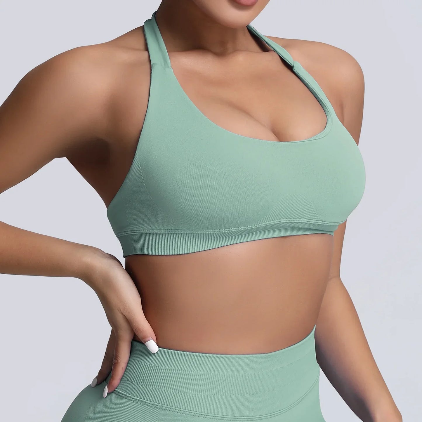 Cralom Yoga Halter Sports Bra Open Back Padded Crop Top Gym Fitness Running Top