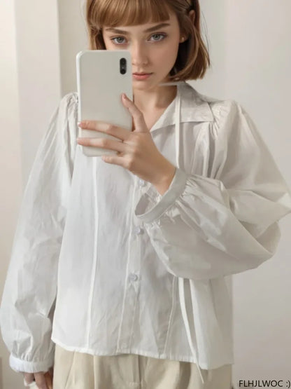 Cralom Autumn Cotton Turtleneck Tops, Chic French Style Button Shirts