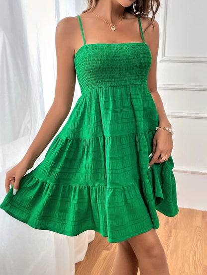 Cralom Solid Color Texture Strap Skirt One Piece Swimsuit