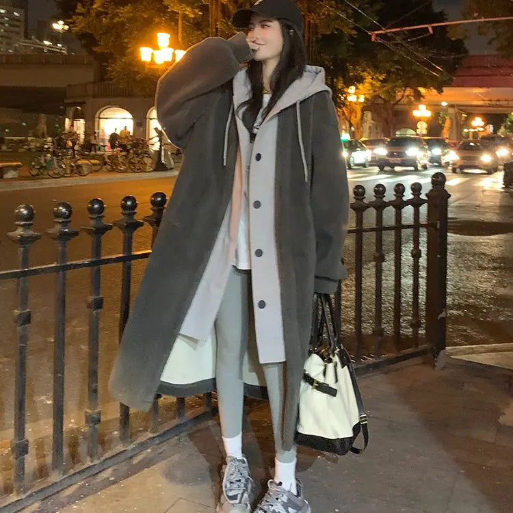 Cralom Imitation Lambswool Long Coat with High Hood, Korean Style Two-piece Design