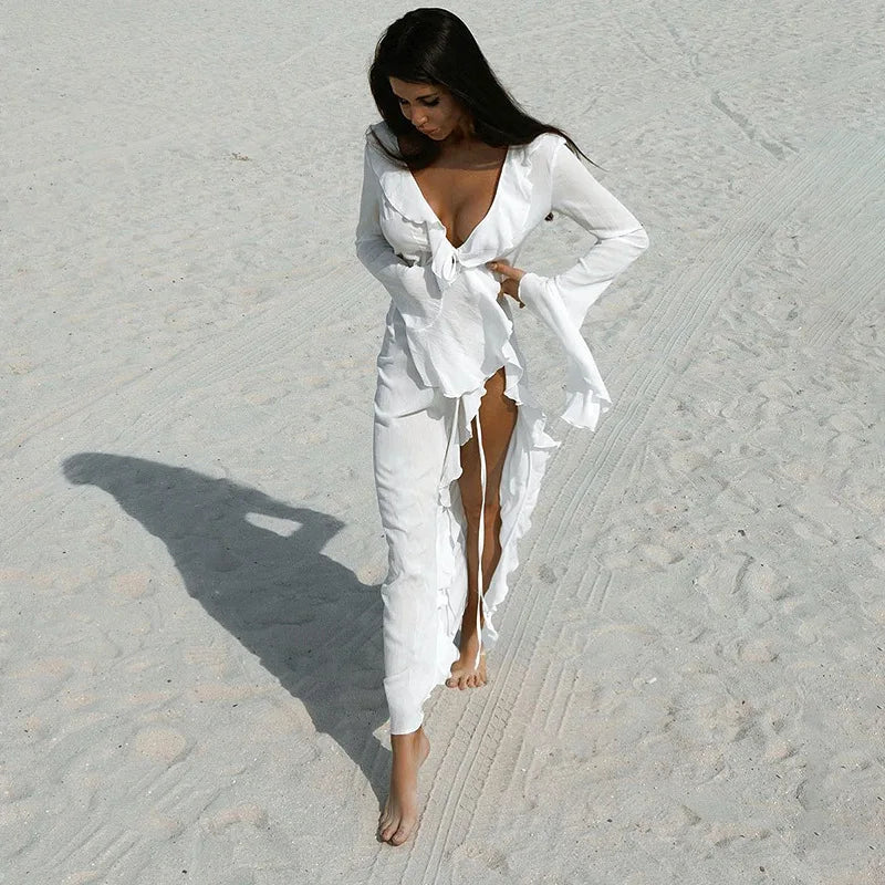 Cralom Lace Long Sleeve Cardigan - Solid Color Fashion Cover for Beach and Bikini