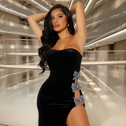 Cralom Diamond Velvet Bow Dress 2025 – Summer High Fork Pure Desire