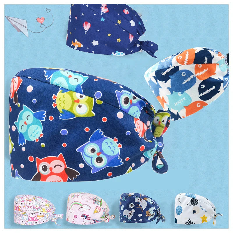 Cralom Cotton Scrub Cap with Sweatband, Tie Back Working Hat for Beauticians