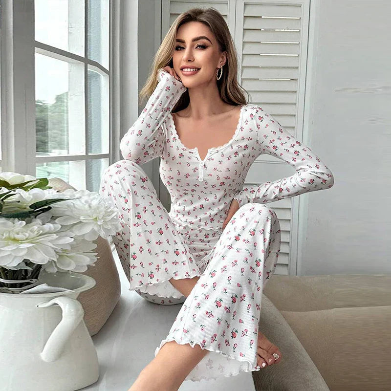 Cralom Printed Pajama Set: Long Sleeve Top, Elastic Waist Pants, Casual Spring Home Clothes