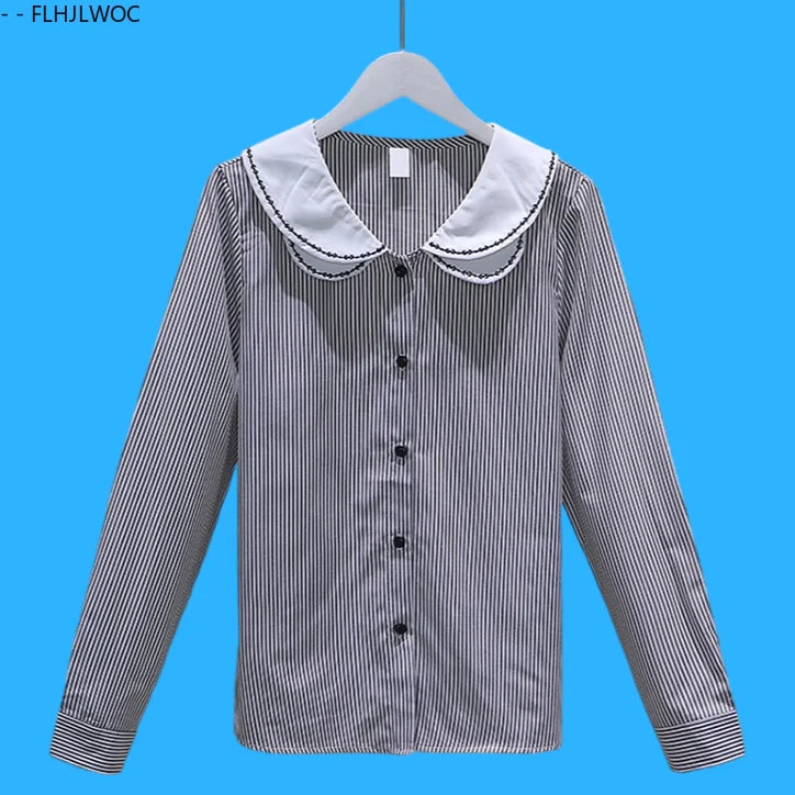 Cralom Embroidered Peter Pan Collar Blouse Long Sleeve Preppy Style Striped Shirt