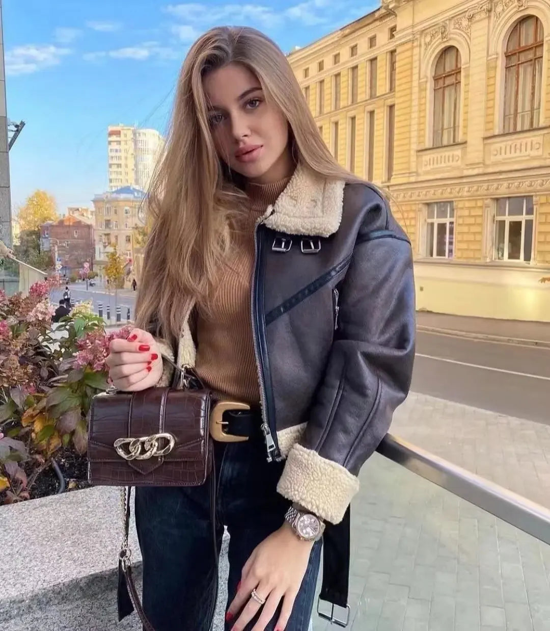 Cralom Faux Lamb Leather Fur Jacket with Belt - Women's Winter Streetwear Coat