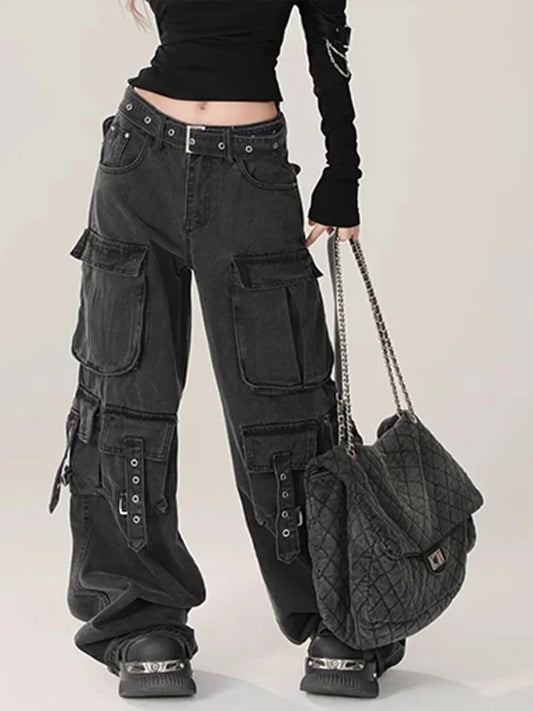 Cralom Vintage High Waist Cargo Jeans Wide Leg - Women's High Street Fashion