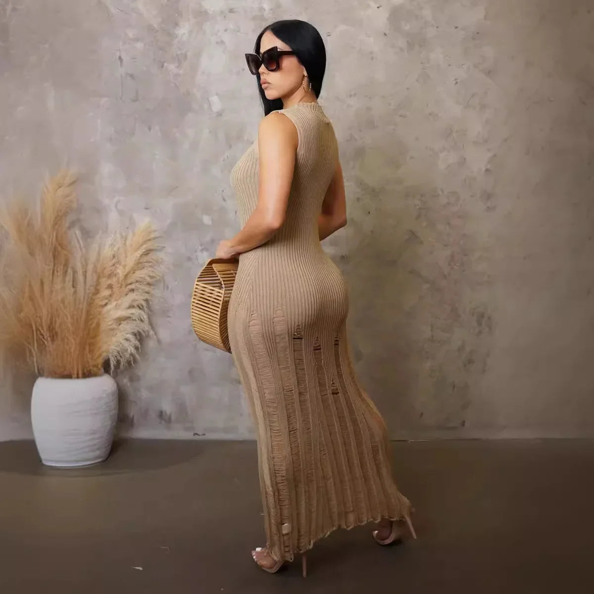 Cralom Women's Sleeveless Knitted Dress Solid Color Beach Long Skirt Summer 2024