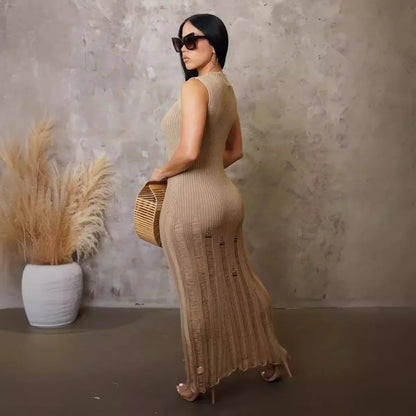 Cralom Women's Sleeveless Knitted Dress Solid Color Beach Long Skirt Summer 2024
