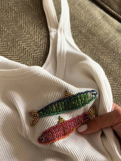 Cralom Fish Bead Tank Top: Slim Fit Sequin Camis for Women, Sleeveless Summer Vest