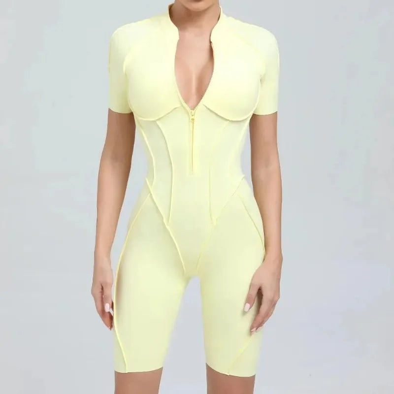 Cralom Zip Front Short Sleeve Jumpsuit - Summer Workout Activewear