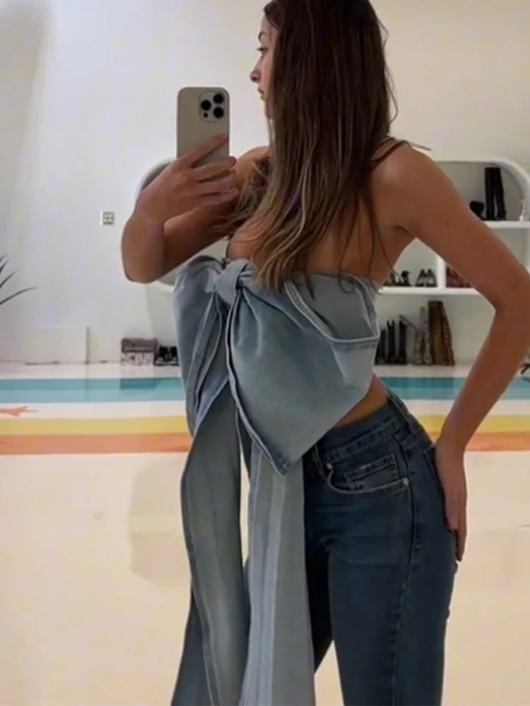 Cralom Denim Bow Long Ribbon Top - Backless Hollow Out Sleeveless Party Vest