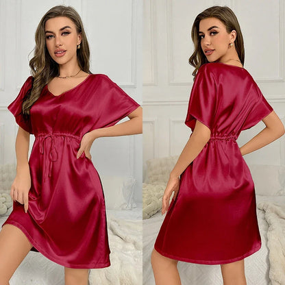 Cralom Satin Nightgown: Soft V-Neck, Short Sleeve, Loose Fit Sleepwear
