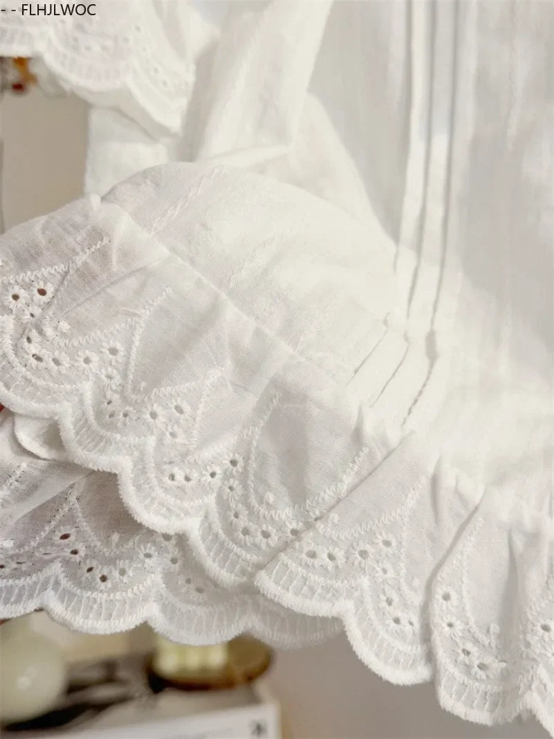 Cralom Ruffled Lace Summer Top - White Short Sleeve Casual Hollow Out Shirt