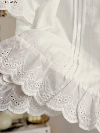 Cralom Ruffled Lace Summer Top - White Short Sleeve Casual Hollow Out Shirt